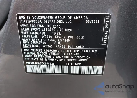 2019 Volkswagen Atlas 3.6L V6 Se W/Technology from USA, damaged, VIN 1V2WR2CA3KC578626